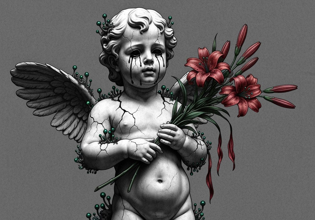 Macabre Cherub Statue with Fungal Growth