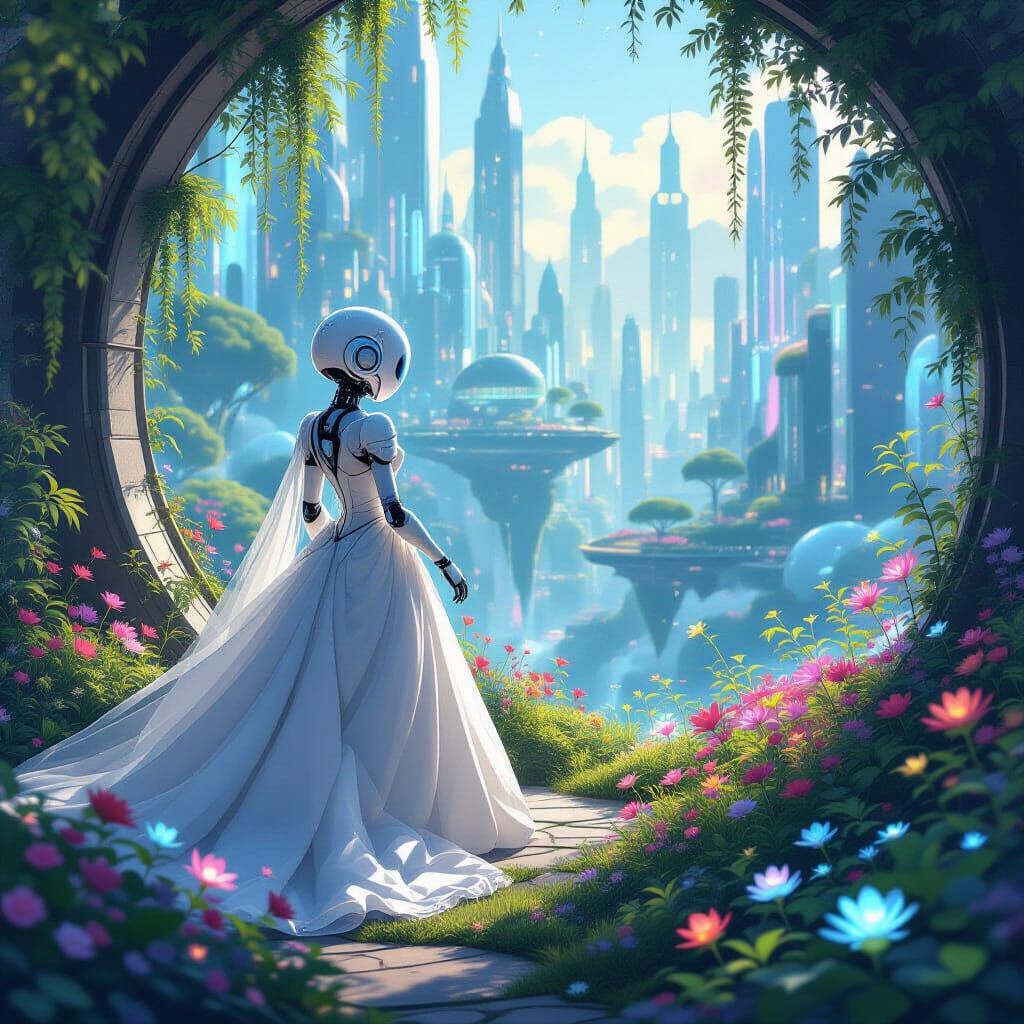 Whimsical Robot Tends Bioluminescent Garden in Floating City