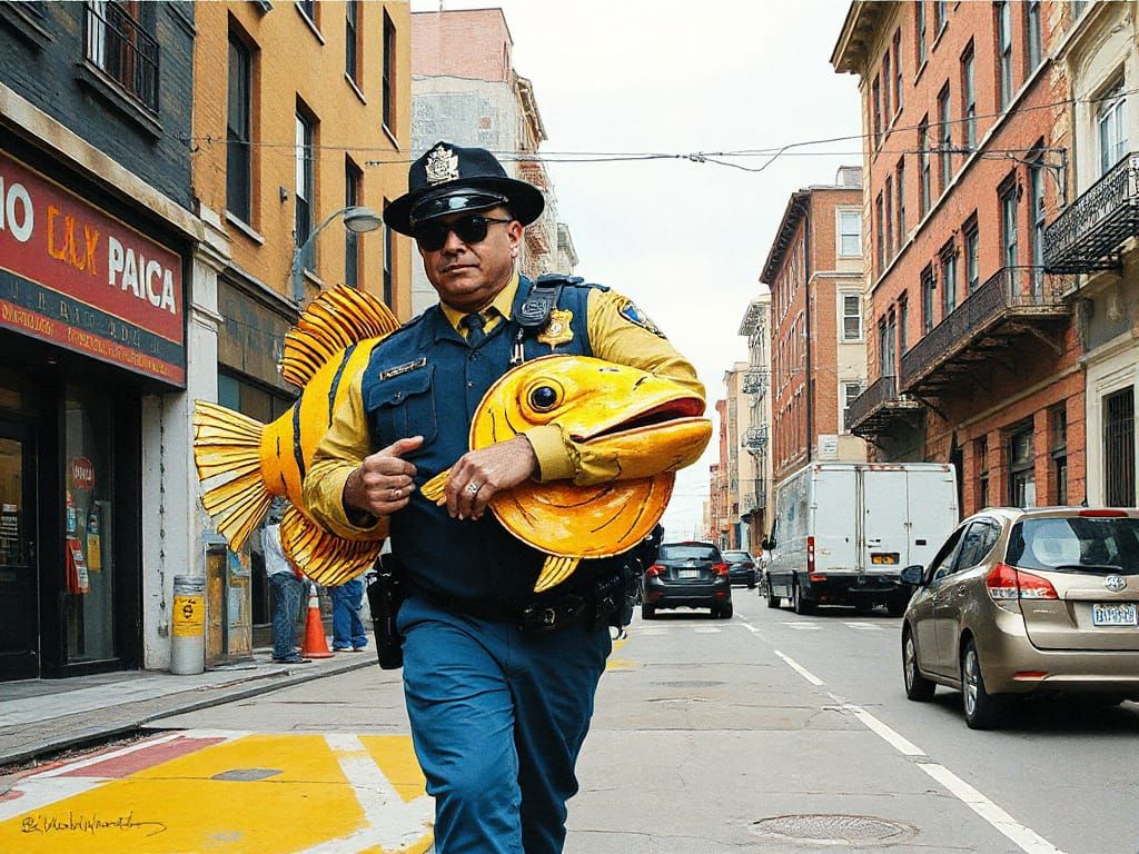 Puffer Fish Police Officer in Mixed Media Style