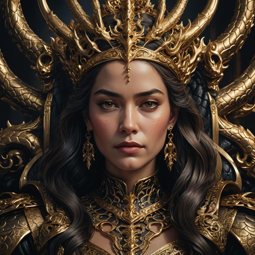 Majestic Queen on Serpent Throne: Digital Art