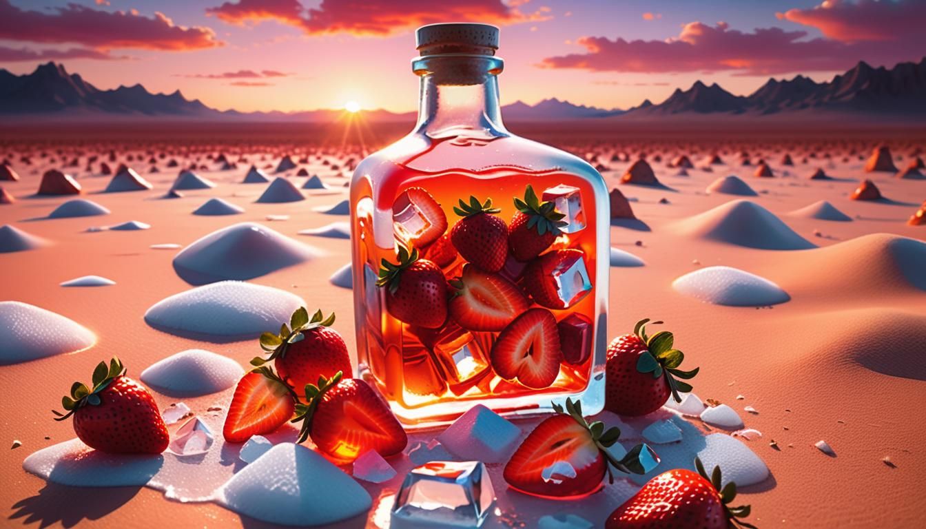 Desert Sunset: Strawberries in Ice Cubes, Digital Art