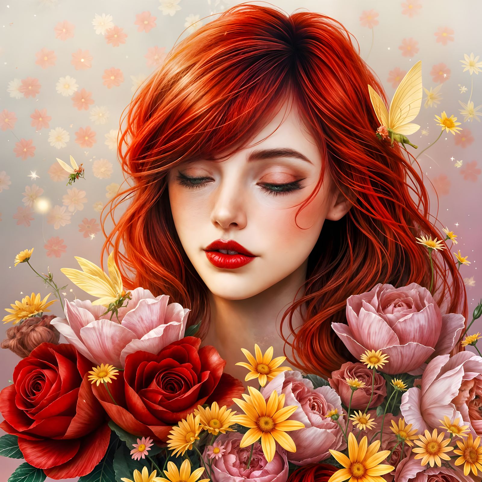 Ethereal Goddess with Vibrant Flowers and Whimsical Fairy Fi...