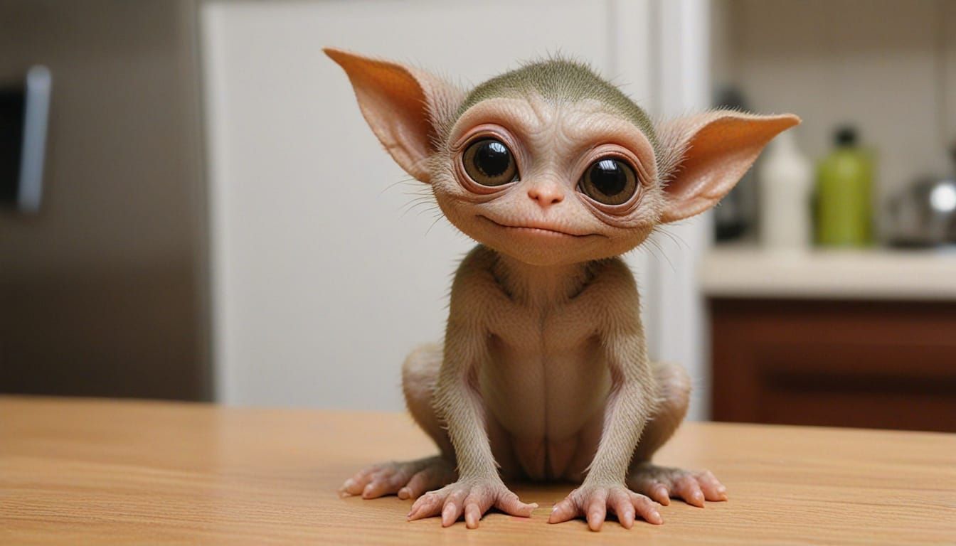 Mischievous Kitchen Gremlin Hugs Table Leg