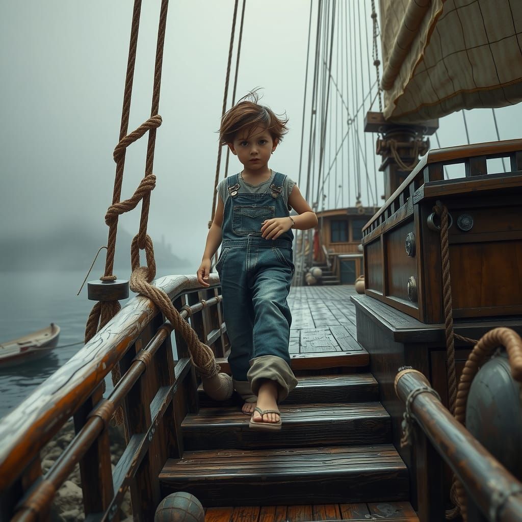 Boy Climbs Mystical Sailboat in Fantasy Harbor