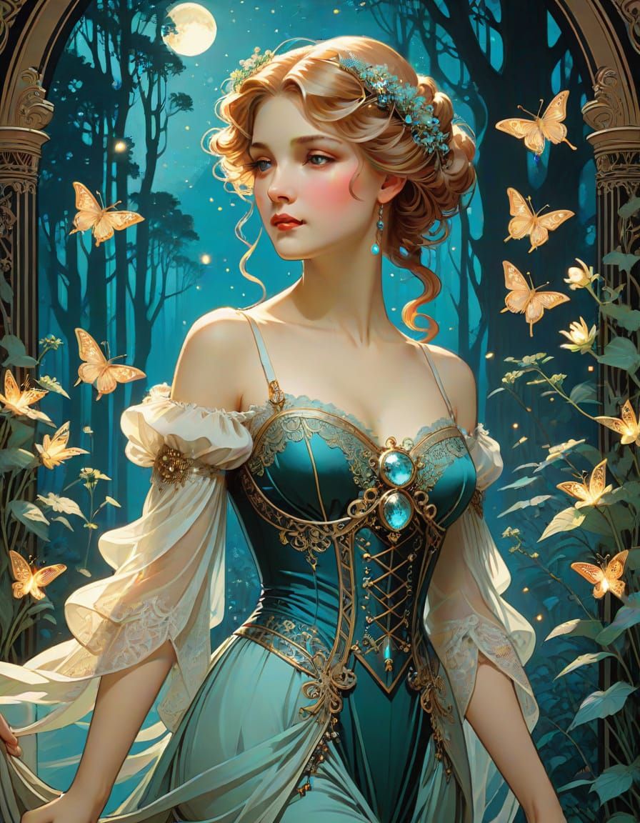 Elegant Victorian Lady in Bioluminescent Forest