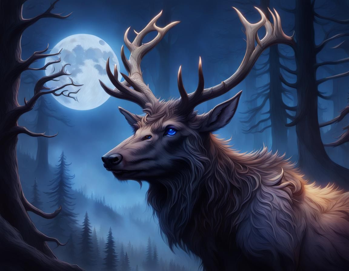 Wereelk Portrait in Misty Forest, Hyperrealistic Art
