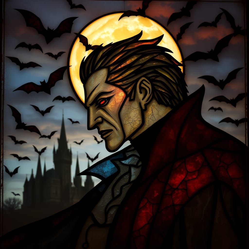 A stained-glass window depicting a vampire and bats.