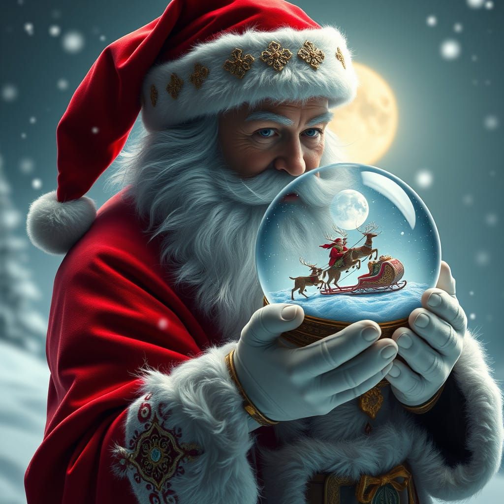 Santa Claus in Whimsical Snow Globe Scene
