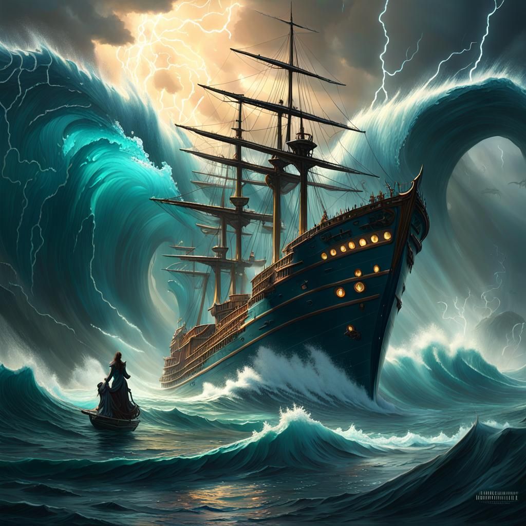 Mermaids Watch Ship in Stormy Dark Fantasy Ocean