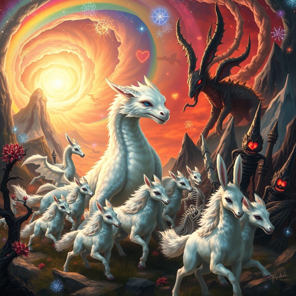 Dreamlike Battle Scene in Art Nouveau Style