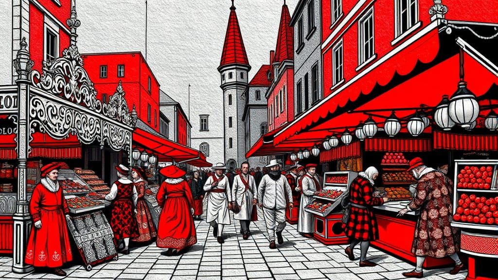 18th Century Market in Bold Pop Art Style