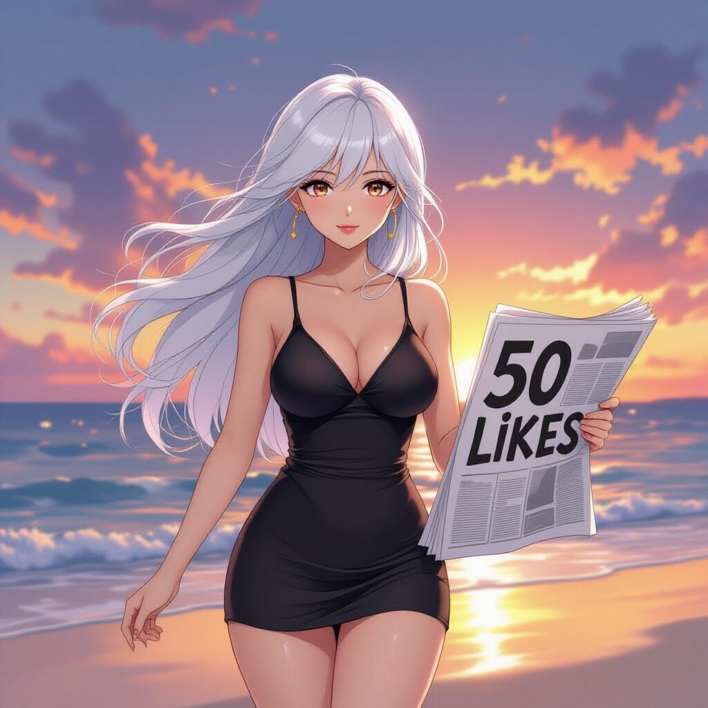 Anime Woman on Beach at Sunset in Manga Style