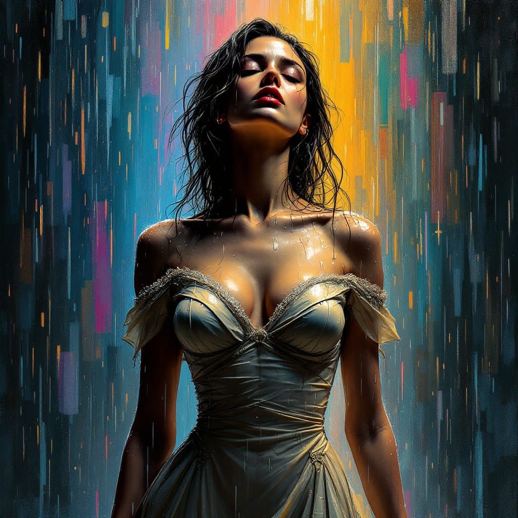 Dramatic Impasto Portrait of a Woman in a Rainstorm