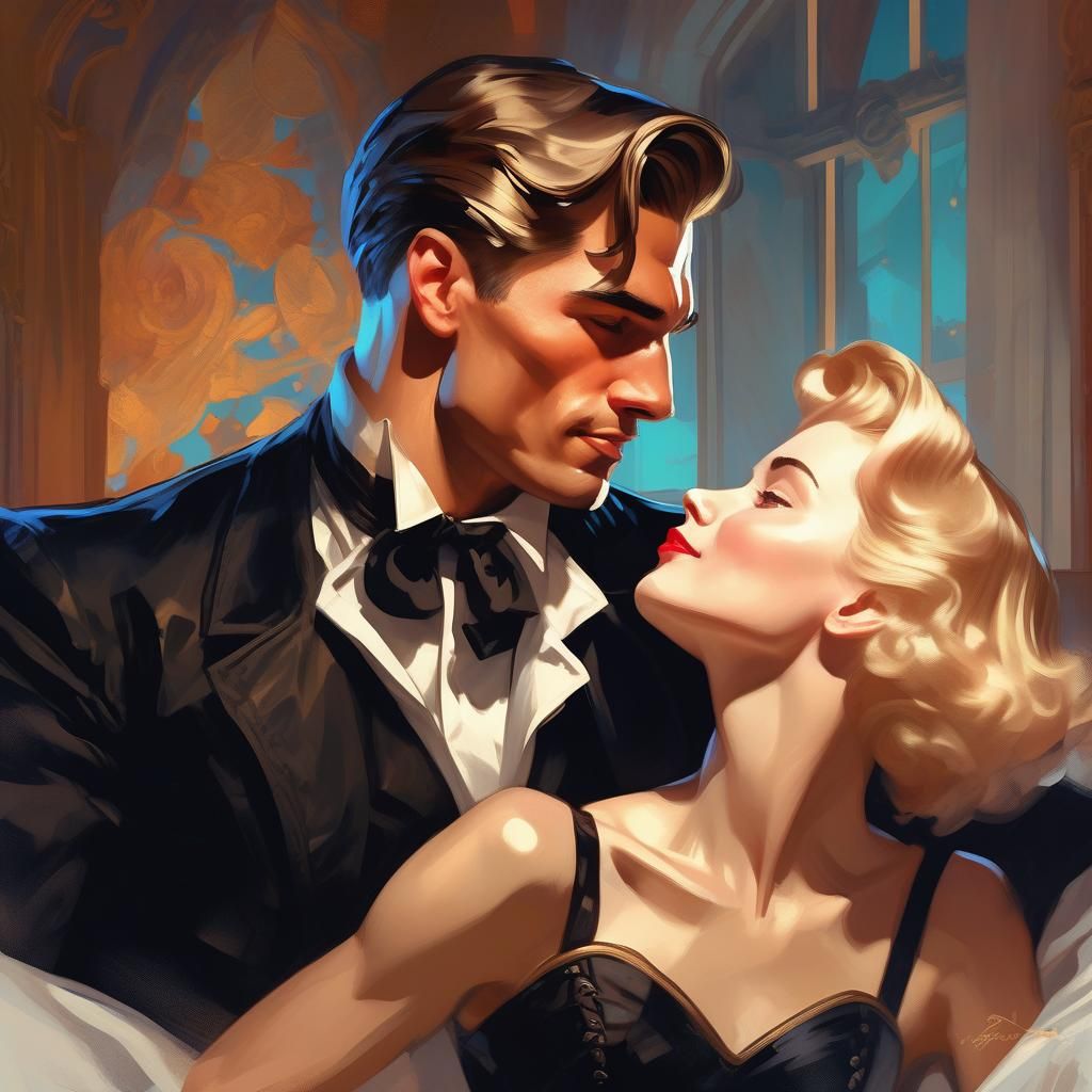 Playful Kiss in Bed: 1940s Portrait Art