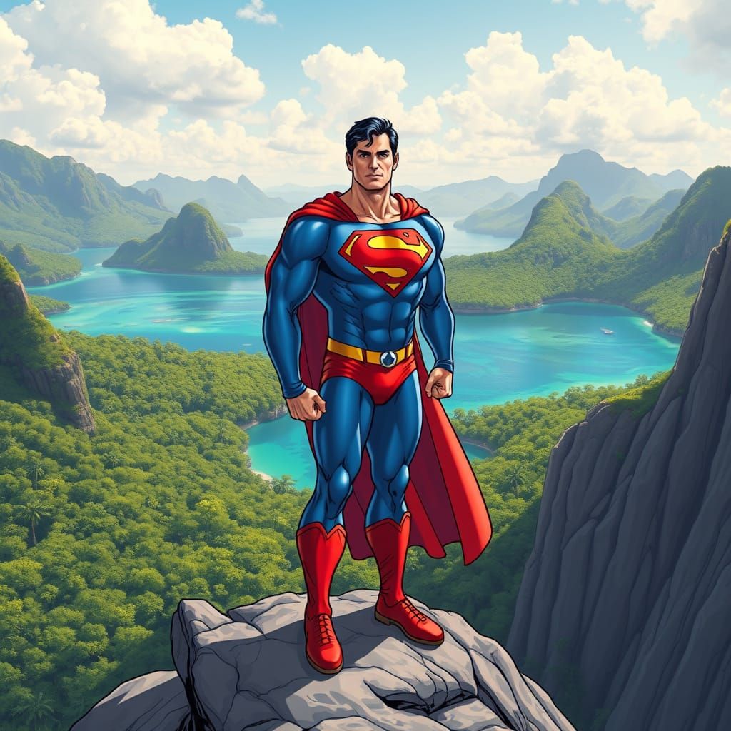 Superman Overlooking Paradise in Comic Book Style