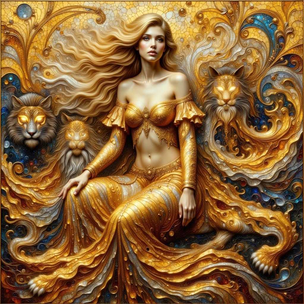 Radiant Woman on Colossal Tiger in Klimt Style