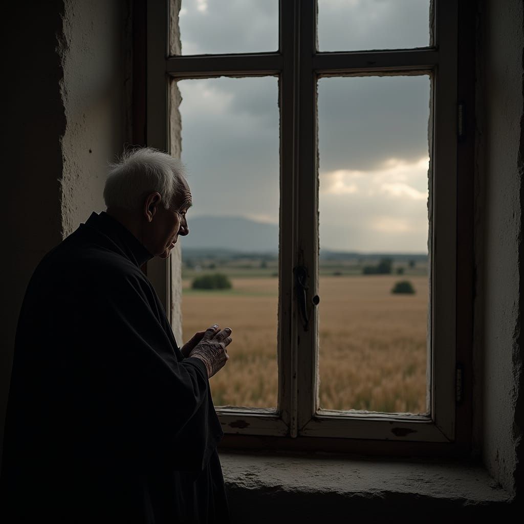 Melancholic Priest Contemplates Storm in Comic Style