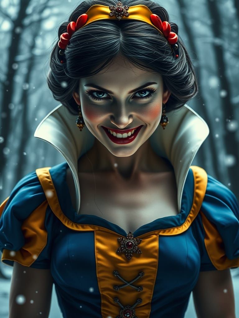 Snow White's Sinister Gaze in Winter Forest