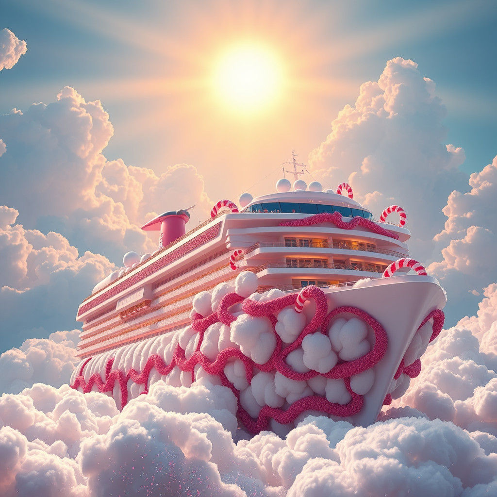 Cotton Candy Cruise Ship in Dreamy Landscape