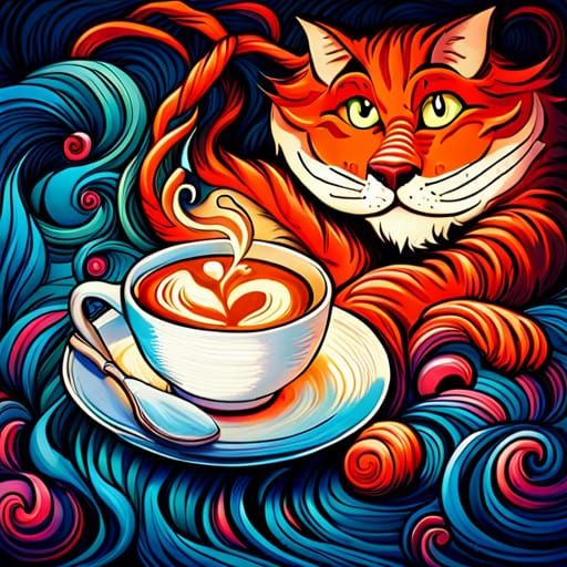 Coffee and Cheshire Cat in Colorful Photoillustration