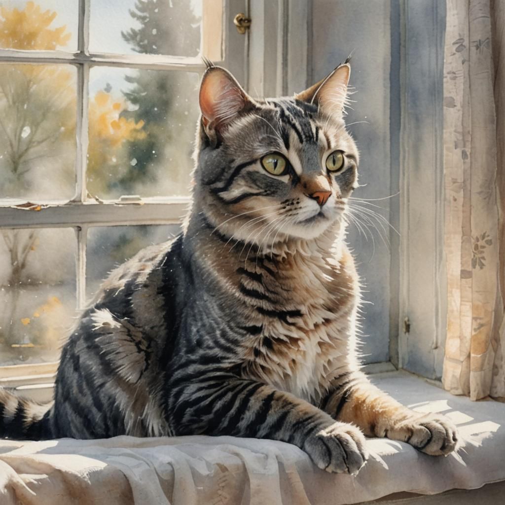Grey Tabby Cat in Watercolor Art Style
