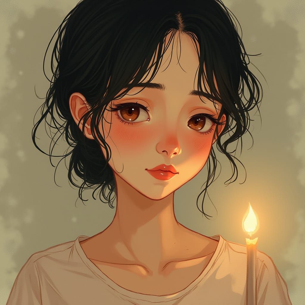 A Woman with Soft, Apologetic Eyes in a Whimsical, Illustrat...