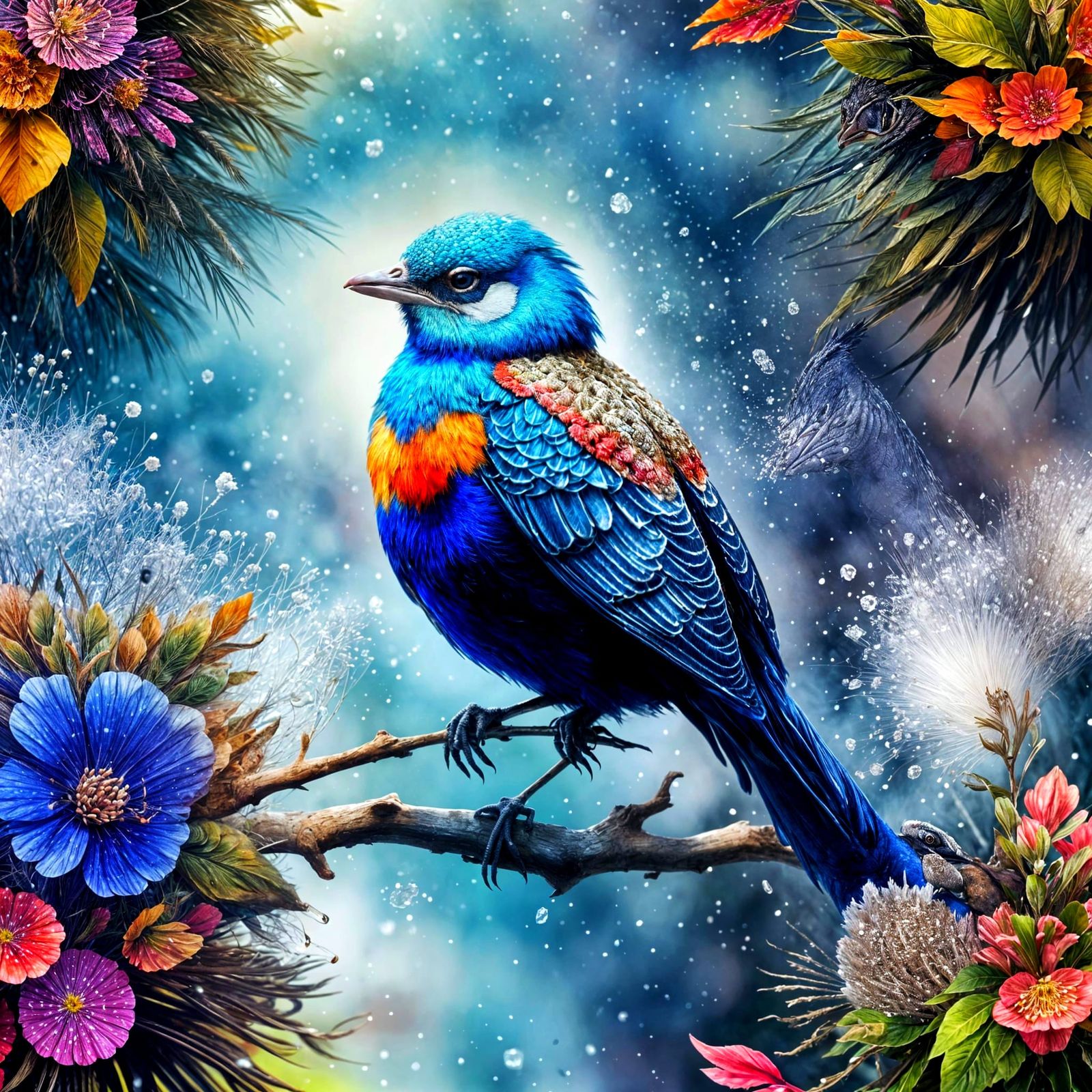 Vibrant Winter Peacock Portrait in Watercolor Style
