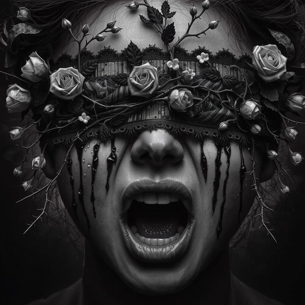 Mysterious Woman in Velvet Veil with Crimson Roses