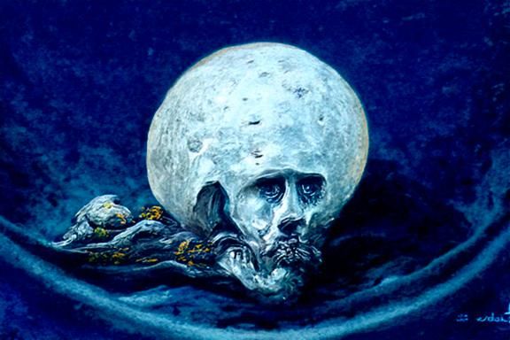 Broken Skull Moon in Oil, Classic Engraving Style