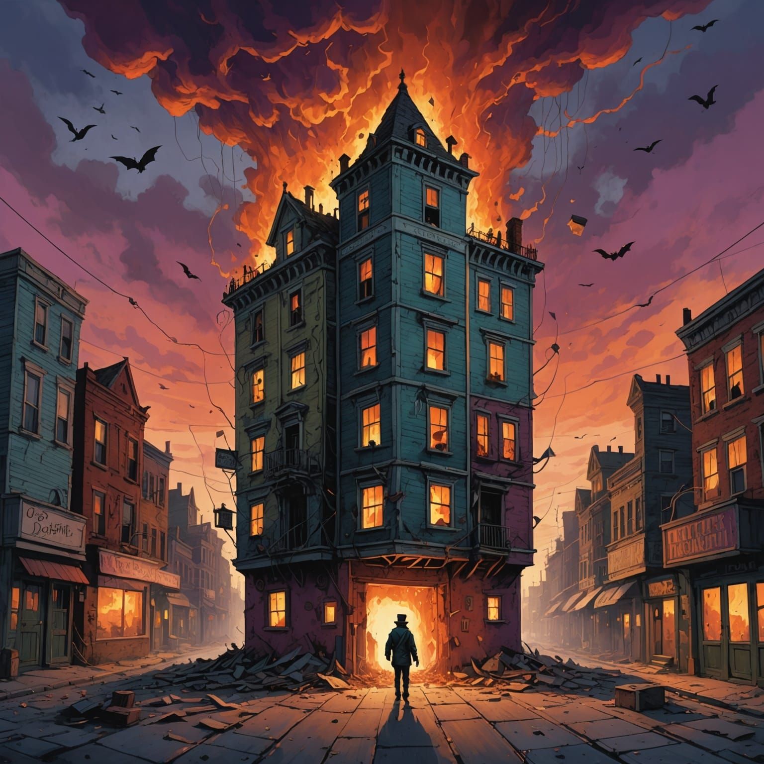 A detailed illustration of a creepy jack-in-the-box city at dusk. The buildings are crumbling, and the sky is ablaze wit...