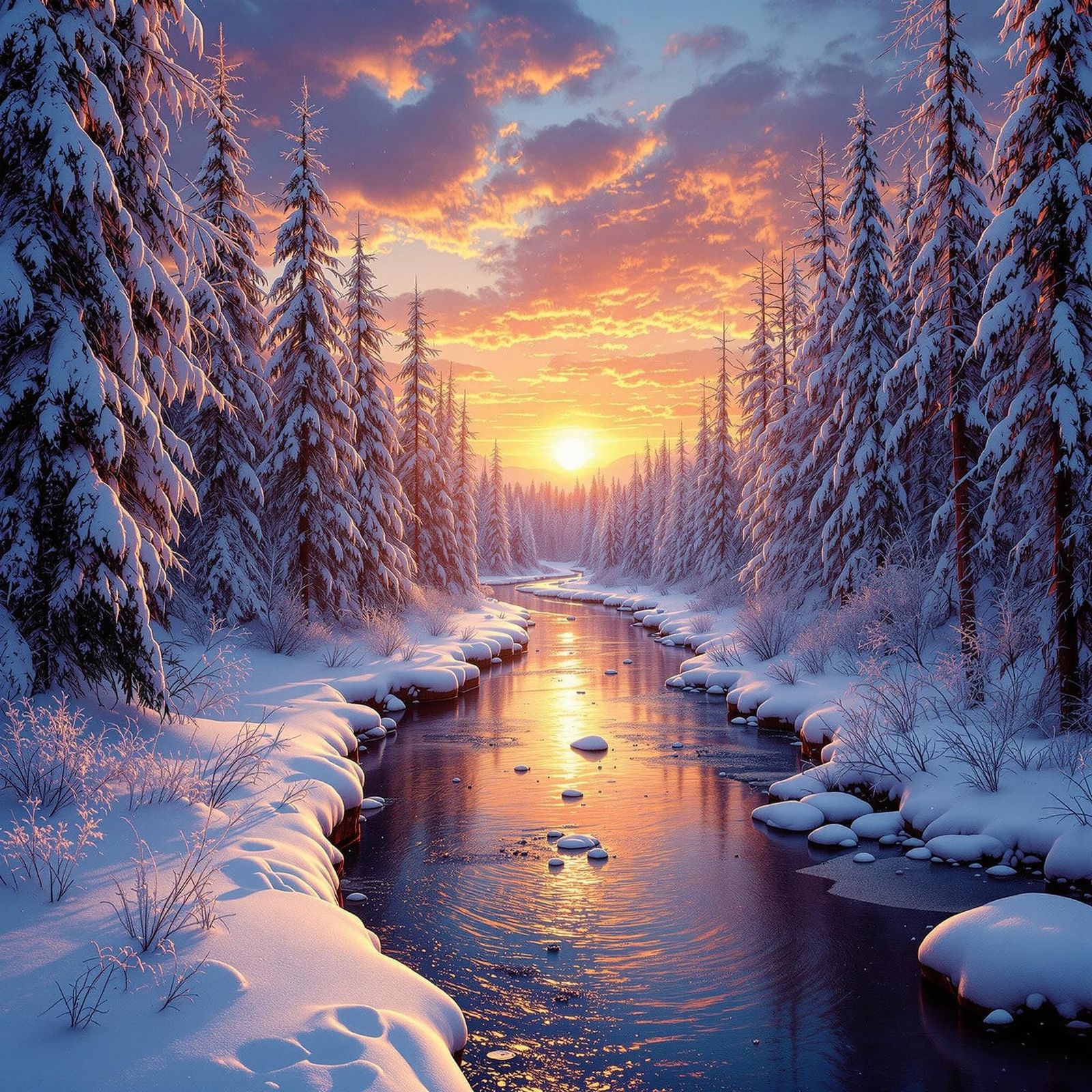 Snowy Woods River at Dazzling Sunset