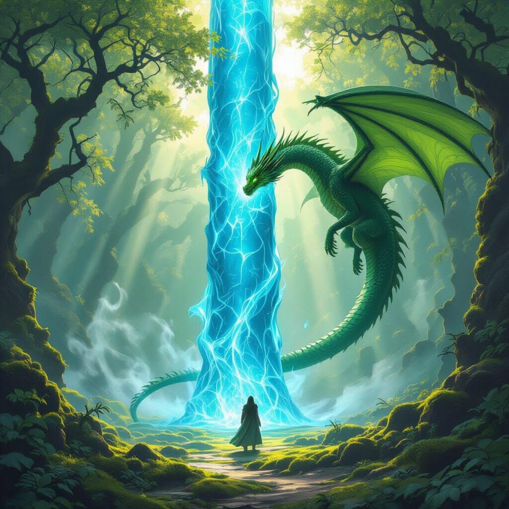 Green Dragon Circles Giant Blue Pole in Forest