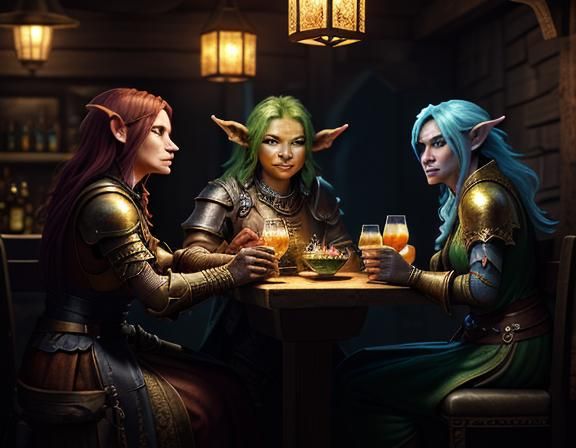 Female Goblins Enjoying Cocktails in Rustic Tavern