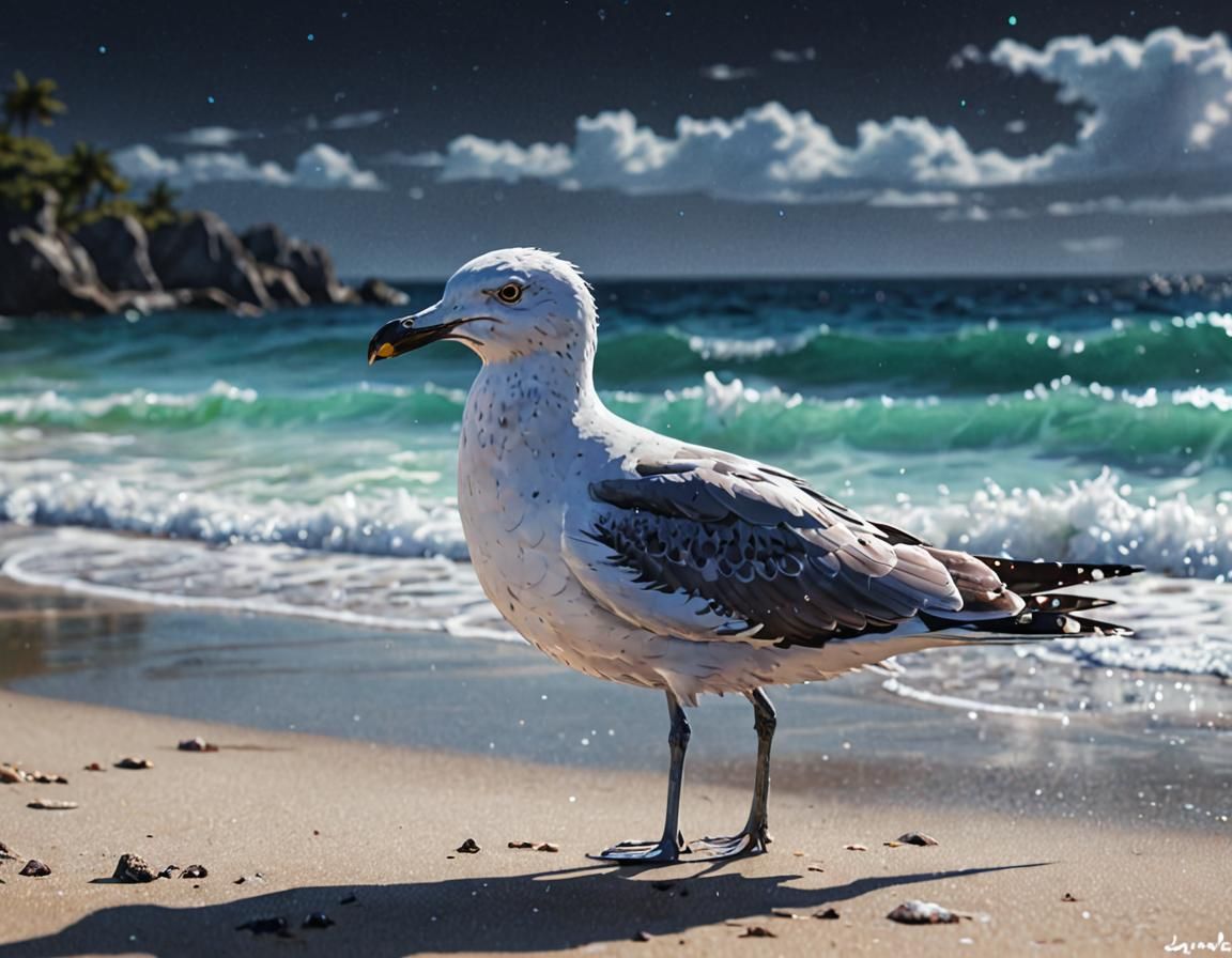 Black and White Beach with Holographic Seagull