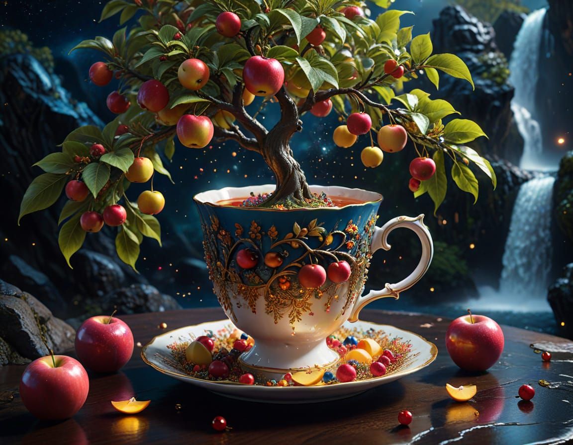 Vibrant Cosmic Apple Tree in a Teacup