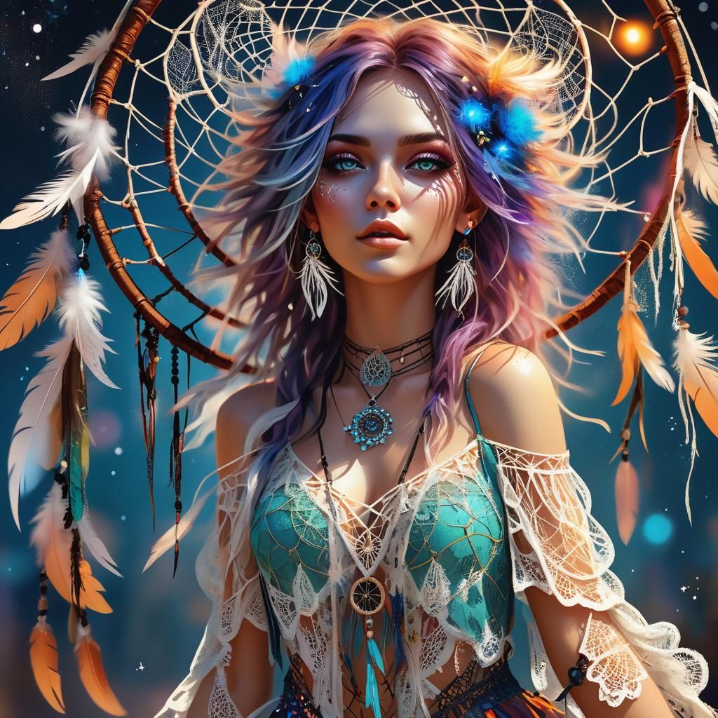 Dream Catcher Girl in Fairy Forest, Digital Art