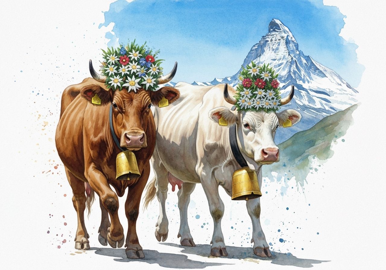 Two Cows with Floral Wreaths in Swiss Alps Landscape
