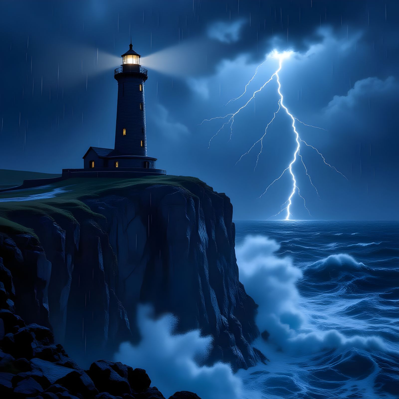 Dramatic Lighthouse on Cliff in Stormy Night