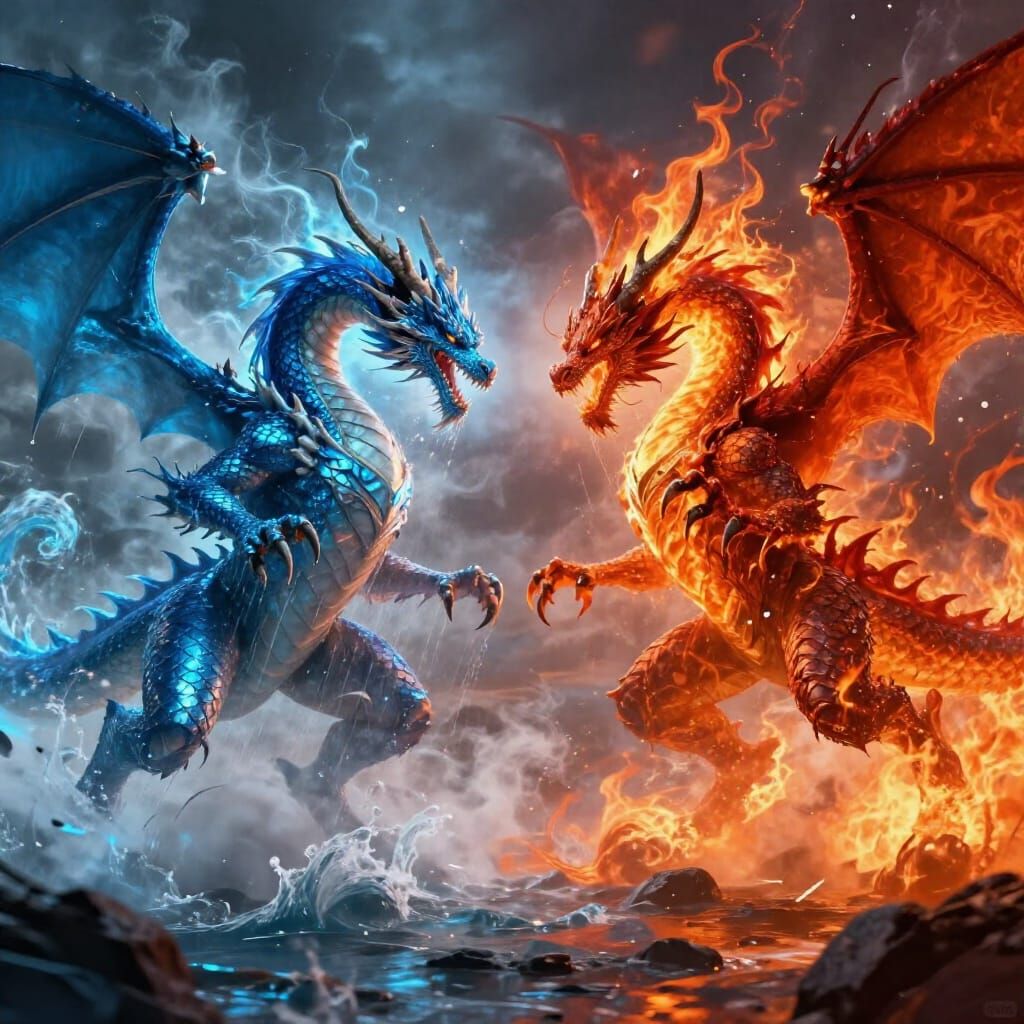 Water Dragon vs Fire Dragon Epic Clash in Fantasy Concept Ar...