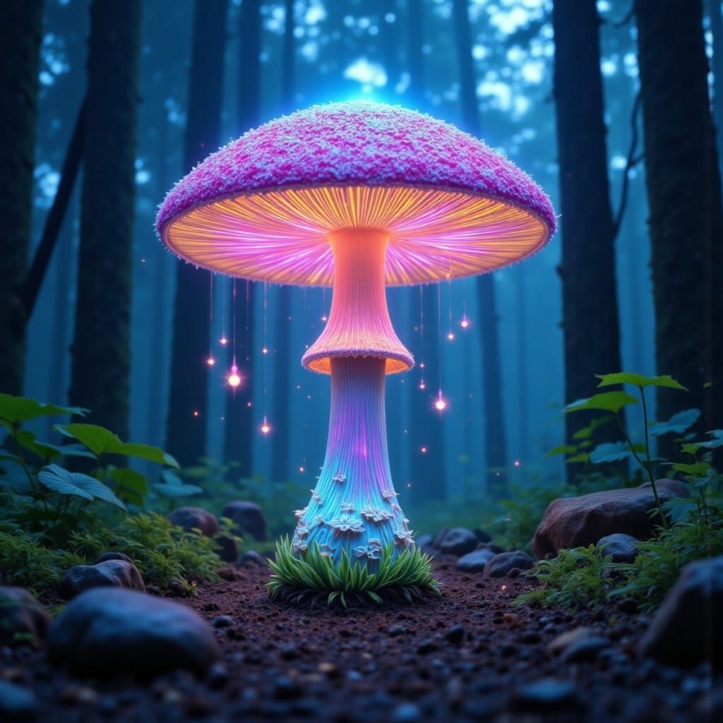 Ethereal Bioluminescent Mushroom in Dreamlike Forest