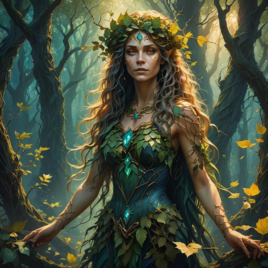 Dryad in Mystical Forest: Vibrant Matte Painting