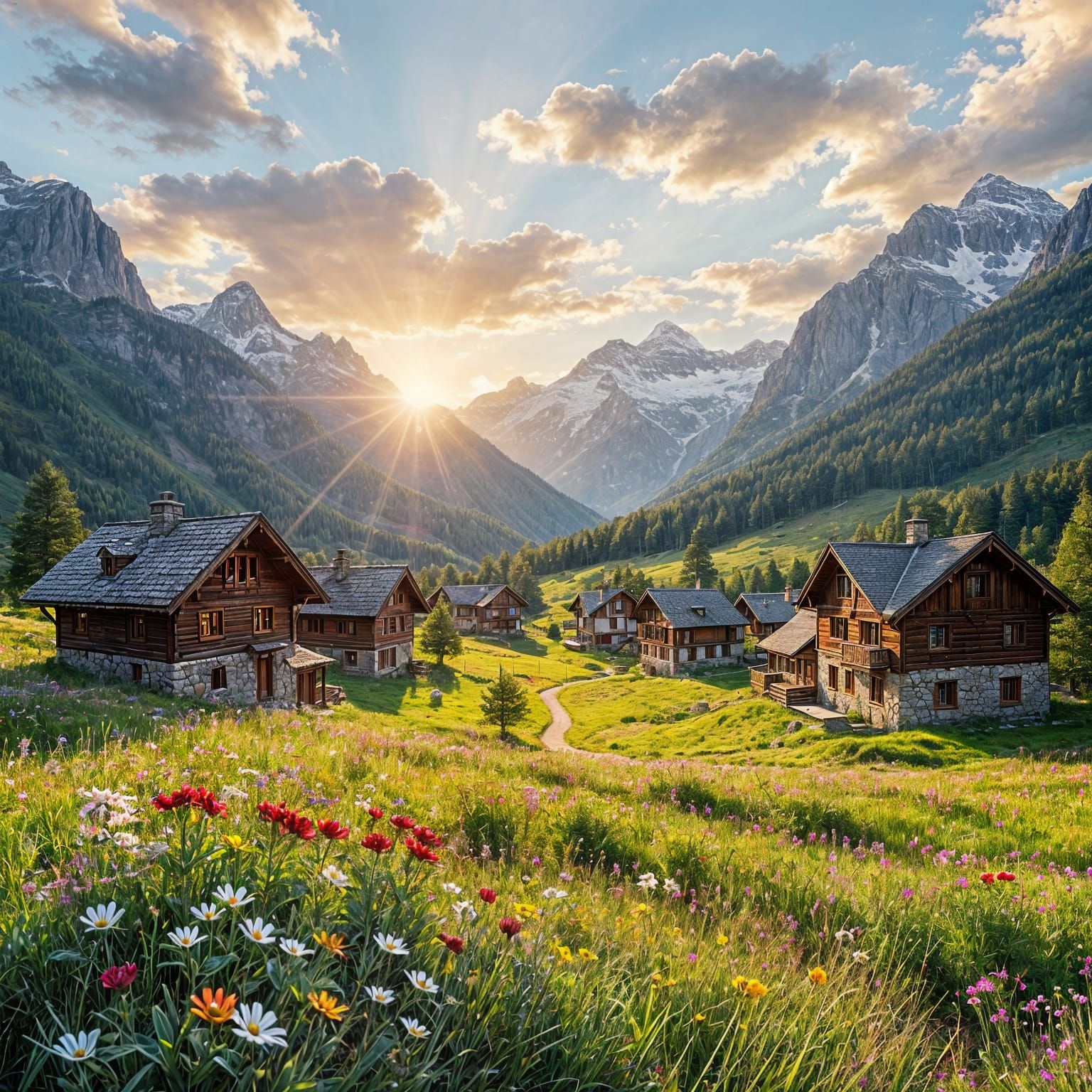 Alpine Village at Sunset in Photorealistic Style