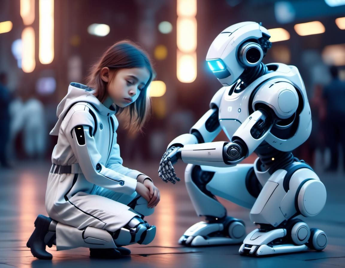 Futuristic Girl Comforts Sad Robot: Hyperrealistic 4K Image