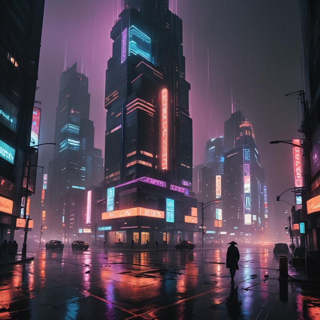 Neon-Noir Skyscraper in Dystopian Cityscape