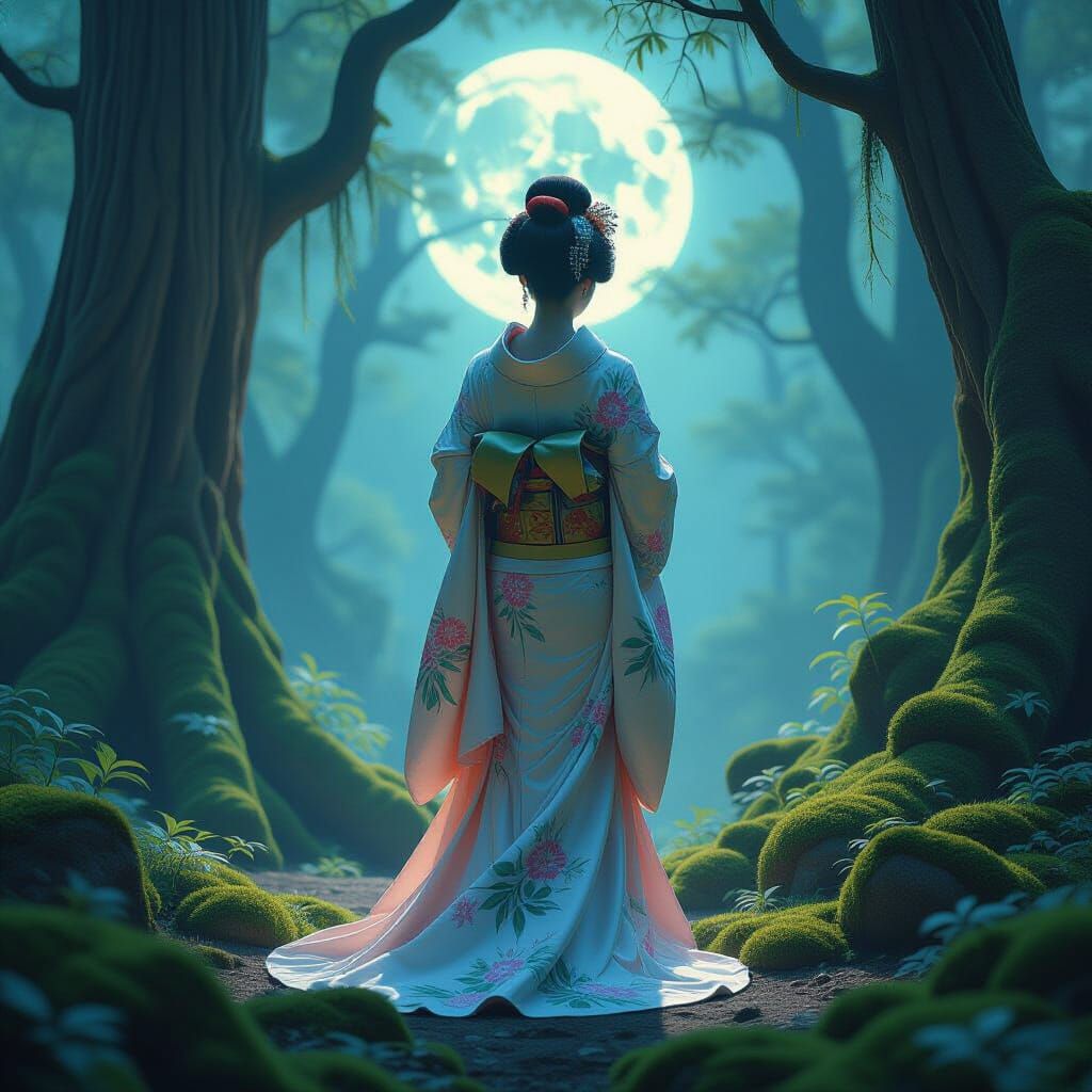 Geisha in Moonlit Forest Clearing with Bioluminescent Flora