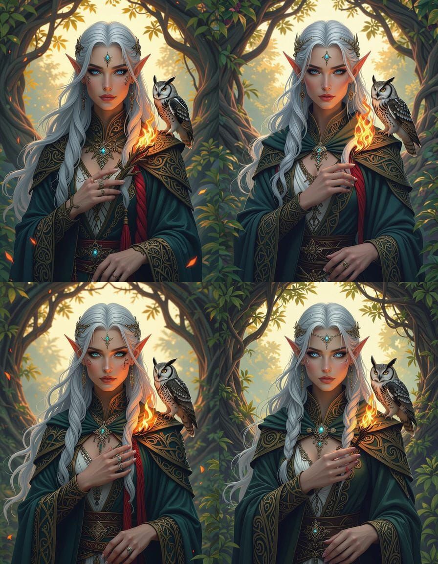 Majestic Elven Druid with Owl, Hyperdetailed Lighting