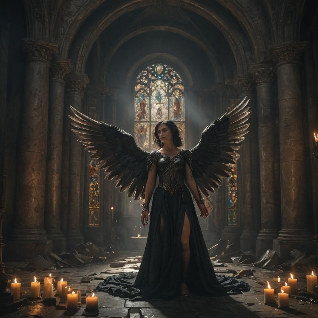 Fallen Angel in Cathedral: Dark Fantasy Art