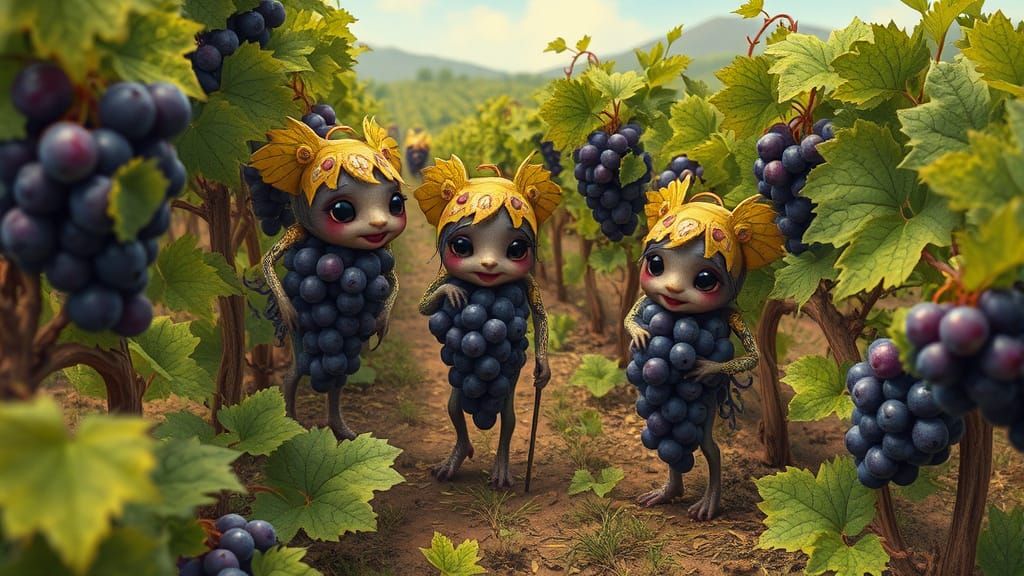 Whimsical Grape Creatures Tend Vines in a Lush Vineyard Scen...