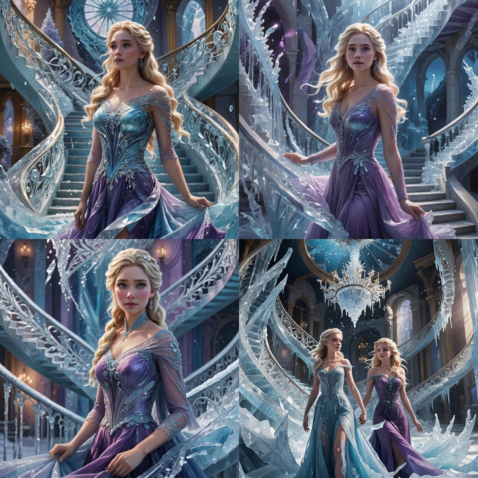 Elsa on Ice Staircase in Hyperrealistic Style