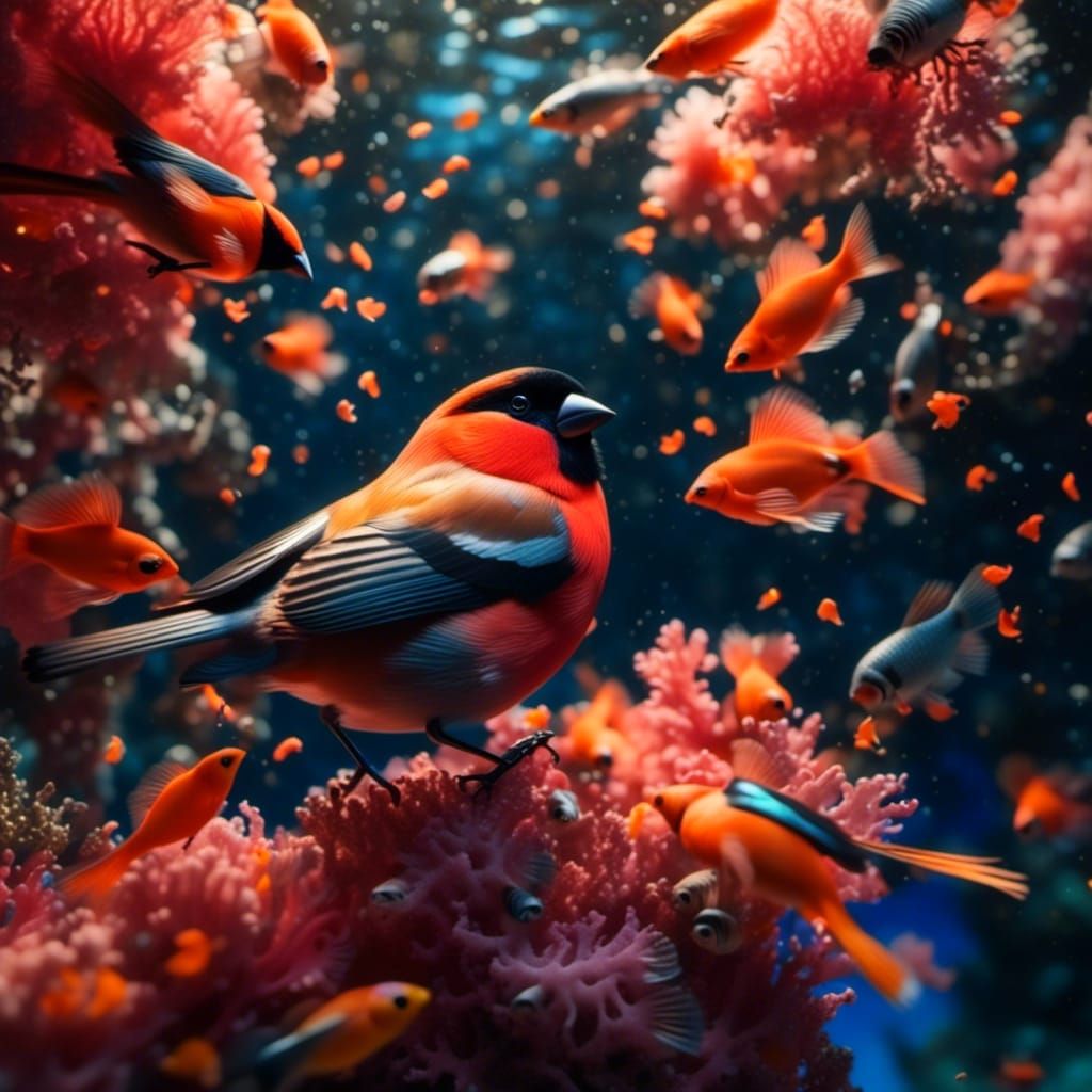 Underwater Bullfinch with Coral Feathers